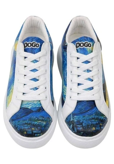 Kadın Vegan Deri Beyaz Sneakers - Vincent van Gogh The Starry Night Muse Tasarım - 