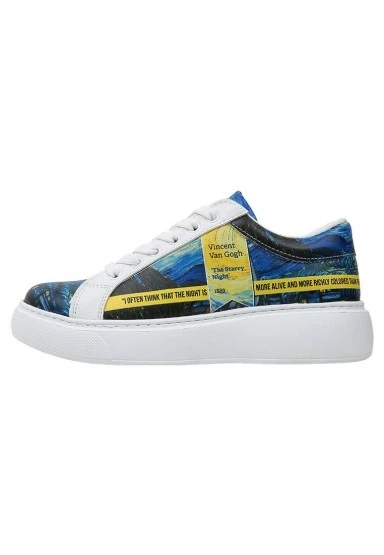 Kadın Vegan Deri Beyaz Sneakers - Vincent van Gogh The Starry Night Muse Tasarım - 