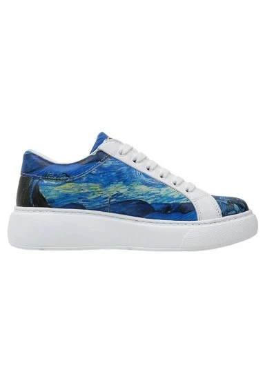 Kadın Vegan Deri Beyaz Sneakers - Vincent van Gogh The Starry Night Muse Tasarım - 