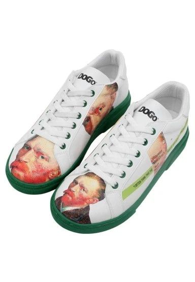 Kadın Vegan Deri Beyaz Sneakers - Vincent van Gogh Self Portrait Tasarım - 