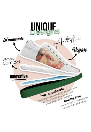 Kadın Vegan Deri Beyaz Sneakers - Vincent van Gogh Self Portrait Tasarım - 