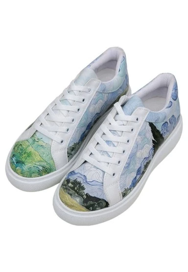 Kadın Vegan Deri Beyaz Sneakers - Vincent van Gogh A Wheat Field with Cypresses Tasarım - 