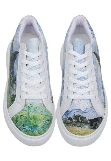 Kadın Vegan Deri Beyaz Sneakers - Vincent van Gogh A Wheat Field with Cypresses Tasarım - 
