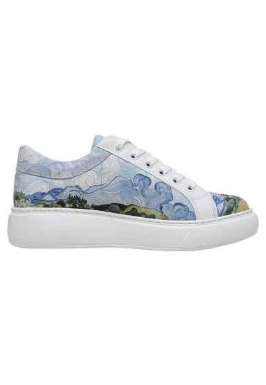 Kadın Vegan Deri Beyaz Sneakers - Vincent van Gogh A Wheat Field with Cypresses Tasarım - 