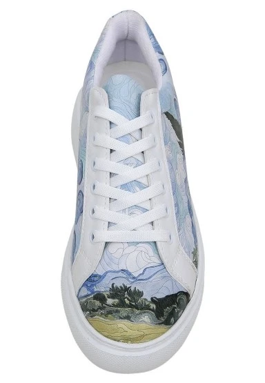 Kadın Vegan Deri Beyaz Sneakers - Vincent van Gogh A Wheat Field with Cypresses Tasarım - 