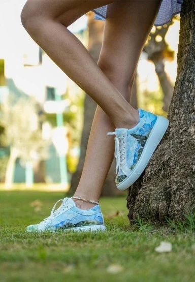 Kadın Vegan Deri Beyaz Sneakers - Vincent van Gogh A Wheat Field with Cypresses Tasarım - 