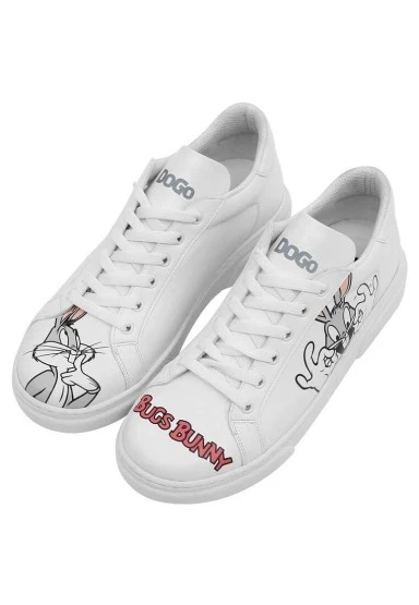 Kadın Vegan Deri Beyaz Sneakers - What's Up Doc? Bugs Bunny Tasarım - 