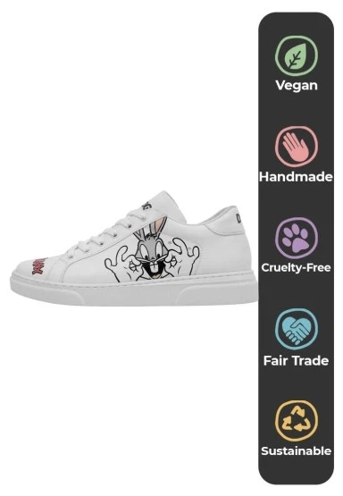 Kadın Vegan Deri Beyaz Sneakers - What's Up Doc? Bugs Bunny Tasarım - 