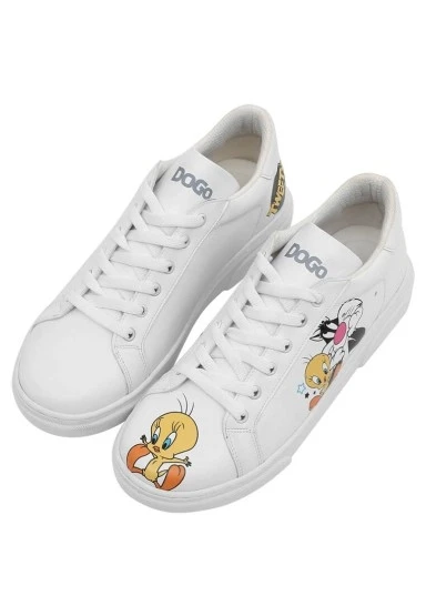 Kadın Vegan Deri Beyaz Sneakers - Best of Tweety and Sylvester Tasarım - 