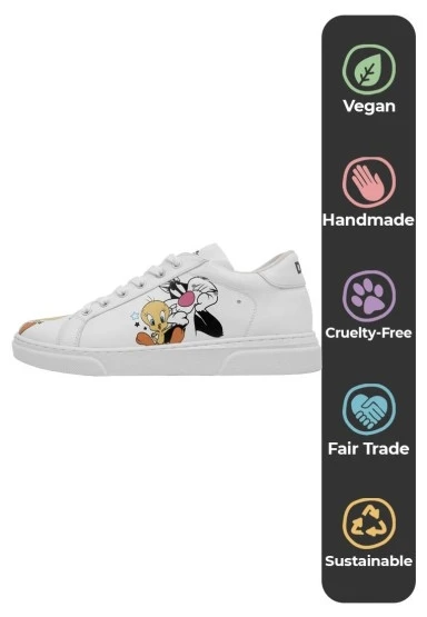 Kadın Vegan Deri Beyaz Sneakers - Best of Tweety and Sylvester Tasarım - 