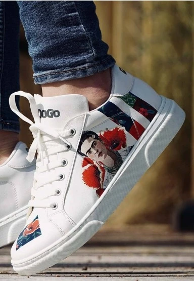 Kadın Vegan Deri Beyaz Sneakers - Viva la Vida Frida Kahlo Tasarım - 