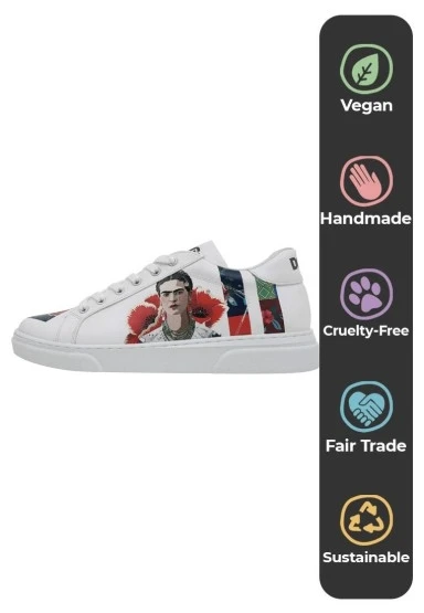 Kadın Vegan Deri Beyaz Sneakers - Viva la Vida Frida Kahlo Tasarım - 