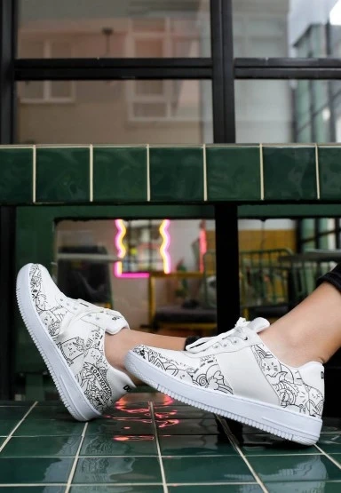 Kadın Vegan Deri Beyaz Sneakers - Bon Voyage Tasarım - 