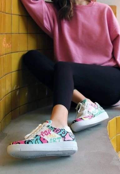 Kadın Vegan Deri Beyaz Sneakers - Pop the Art Tasarım - 