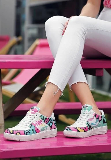 Kadın Vegan Deri Beyaz Sneakers - Pop the Art Tasarım - 