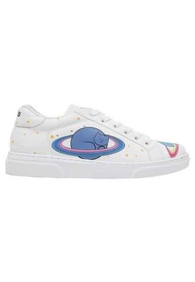 Kadın Vegan Deri Beyaz Sneakers - Cat Planets Tasarım - 