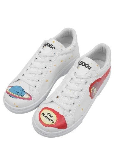 Kadın Vegan Deri Beyaz Sneakers - Cat Planets Tasarım - 