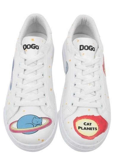 Kadın Vegan Deri Beyaz Sneakers - Cat Planets Tasarım - 