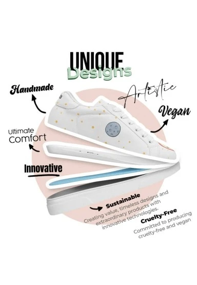 Kadın Vegan Deri Beyaz Sneakers - Cat Planets Tasarım - 
