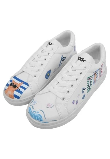 Kadın Vegan Deri Beyaz Sneakers - Cats on the Beach Tasarım - 