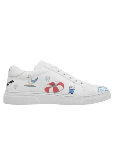 Kadın Vegan Deri Beyaz Sneakers - Cats on the Beach Tasarım - 
