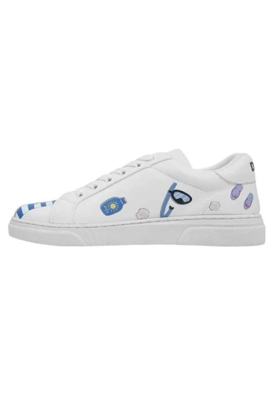 Kadın Vegan Deri Beyaz Sneakers - Cats on the Beach Tasarım - 