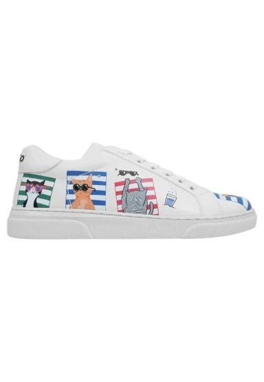 Kadın Vegan Deri Beyaz Sneakers - Cats on the Beach Tasarım - 