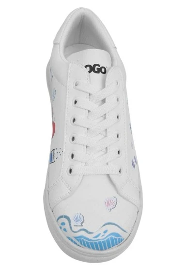 Kadın Vegan Deri Beyaz Sneakers - Cats on the Beach Tasarım - 
