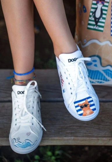 Kadın Vegan Deri Beyaz Sneakers - Cats on the Beach Tasarım - 