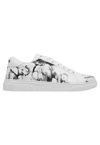 Kadın Vegan Deri Beyaz Sneakers - Sunset Animals Tasarım - 