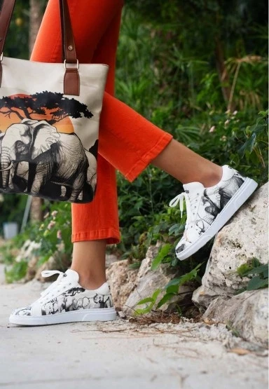 Kadın Vegan Deri Beyaz Sneakers - Sunset Animals Tasarım - 