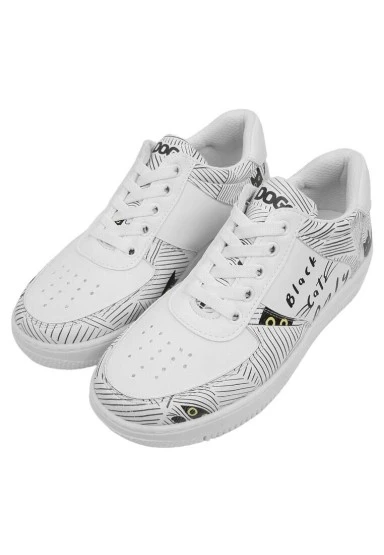 Kadın Vegan Deri Beyaz Sneakers - Black Cats Only Tasarım - 