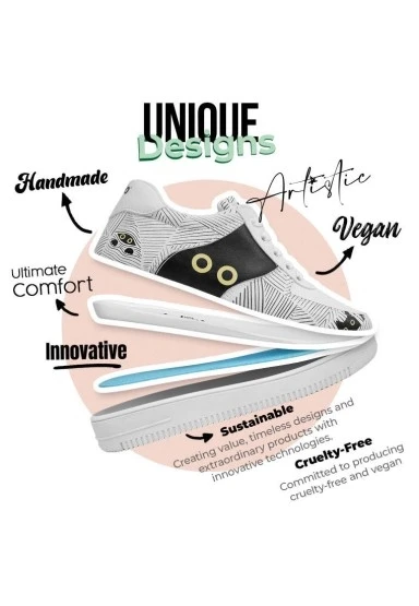 Kadın Vegan Deri Beyaz Sneakers - Black Cats Only Tasarım - 