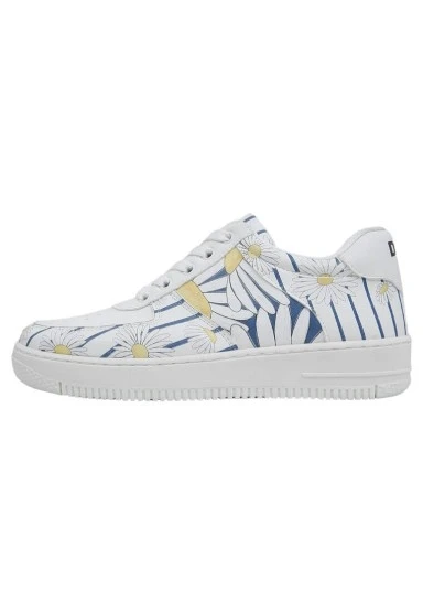 Kadın Vegan Deri Beyaz Sneakers - Daisy Stripes Tasarım - 