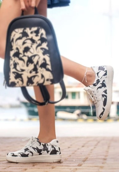 Kadın Vegan Deri Beyaz Sneakers - Flowing Orca Tasarım - 