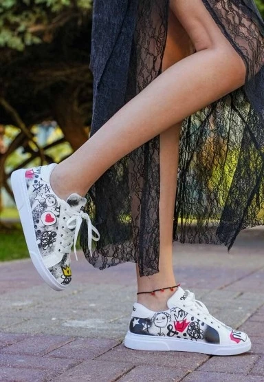 Kadın Vegan Deri Beyaz Sneakers - Icon Tasarım - 
