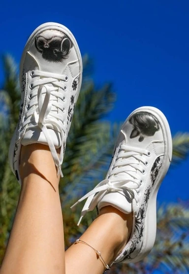 Kadın Vegan Deri Beyaz Sneakers - Fluffy Tasarım - 