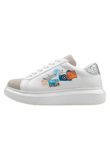 Kadın Vegan Deri Beyaz Sneakers - Travel Collage Tasarım - 