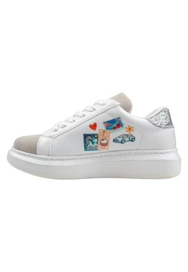 Kadın Vegan Deri Beyaz Sneakers - Travel Collage Tasarım - 