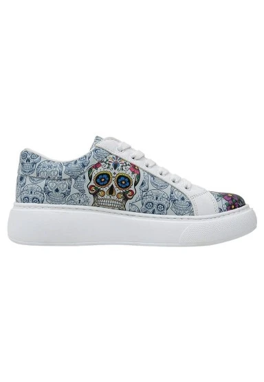 Kadın Vegan Deri Beyaz Sneakers - Remembrance Of Frida Kahlo Tasarım - 