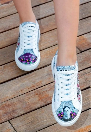 Kadın Vegan Deri Beyaz Sneakers - Remembrance Of Frida Kahlo Tasarım - 