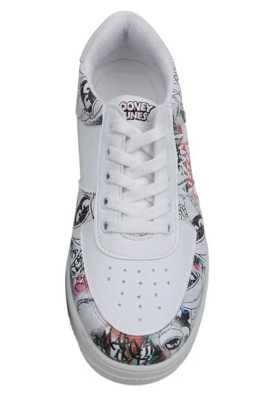 Kadın Vegan Deri Beyaz Sneakers - Warner Bros Marvin the Martian Stencil Tasarım - 