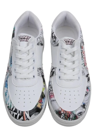 Kadın Vegan Deri Beyaz Sneakers - Warner Bros Marvin the Martian Stencil Tasarım - 