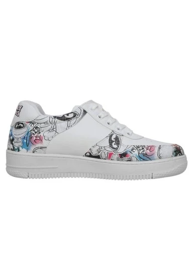 Kadın Vegan Deri Beyaz Sneakers - Warner Bros Marvin the Martian Stencil Tasarım - 