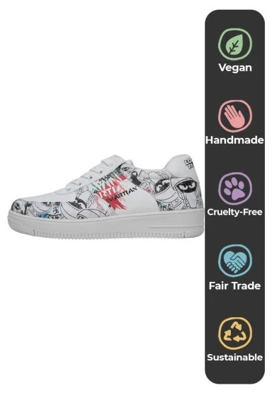 Kadın Vegan Deri Beyaz Sneakers - Warner Bros Marvin the Martian Stencil Tasarım - 
