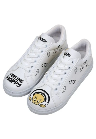 Kadın Vegan Deri Beyaz Sneakers - Warner Bros Tweety Feeling Happy Tasarım - 