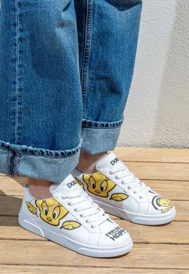 Kadın Vegan Deri Beyaz Sneakers - Warner Bros Tweety Feeling Happy Tasarım - 