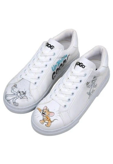 Kadın Vegan Deri Beyaz Sneakers - Warner Bros Tom ve Jerry Up to No Good Tasarım - 