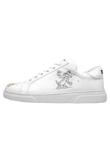 Kadın Vegan Deri Beyaz Sneakers - Warner Bros Tom ve Jerry Up to No Good Tasarım - 