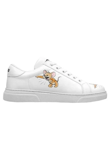 Kadın Vegan Deri Beyaz Sneakers - Warner Bros Tom ve Jerry Up to No Good Tasarım - 